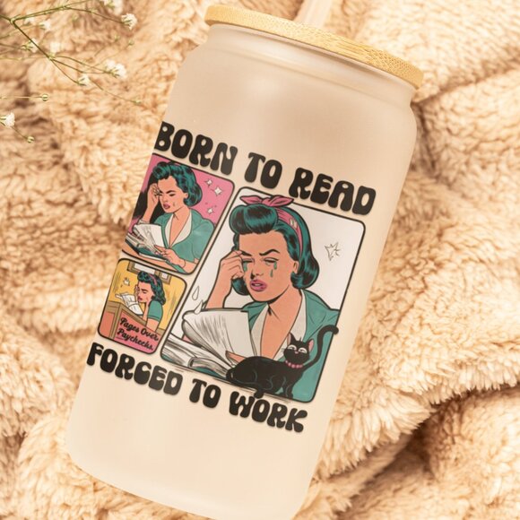Born To Read Frosted Glass Tumbler, 16oz, Literary Quote, Book Lover Gift - Picture 6 of 7